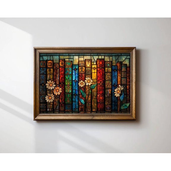 Floral Books Stained Glass Wall Art Print, Unframed Paper Poster 8x10in