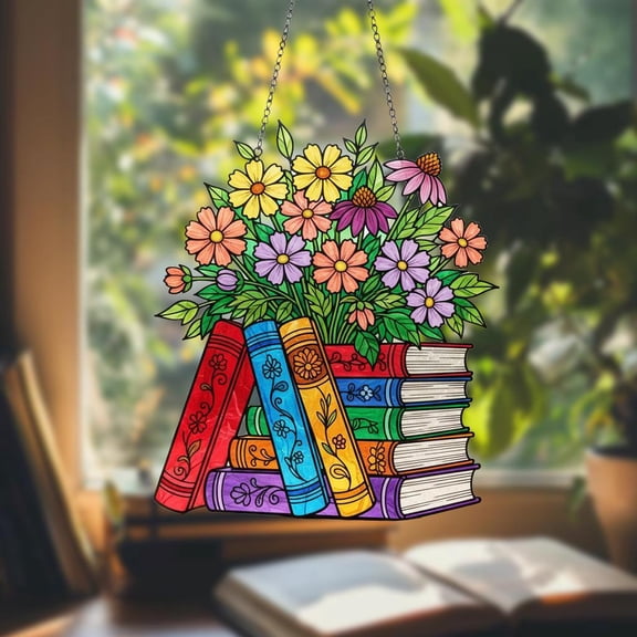 Floral Bookshelf Acrylic Suncatcher – Books & Flowers Faux Acrylic Window Decor, Perfect Gift for Book Lovers
