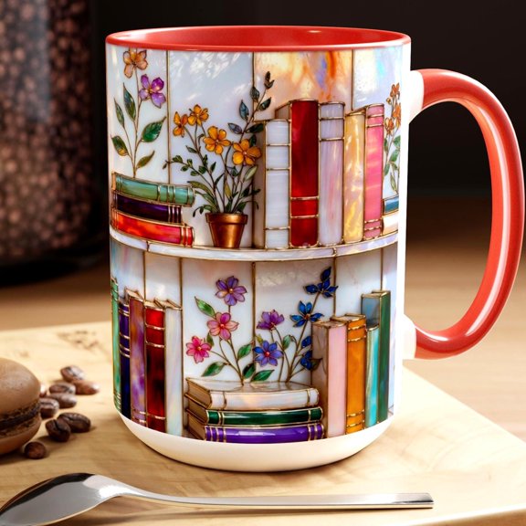 Floral Bookshelf Coffee Mug Book Lover Gift Bookish StainedGlass Style Mug Library Aesthet