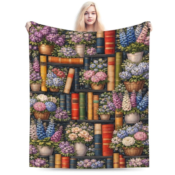 Floral Bookshelf Garden Blanket Mothers Day Flower Book Throw Blanket Vintage Library Floral Pattern Soft Cozy Flannel Blanket for Couch Bed Home Decor 50x40