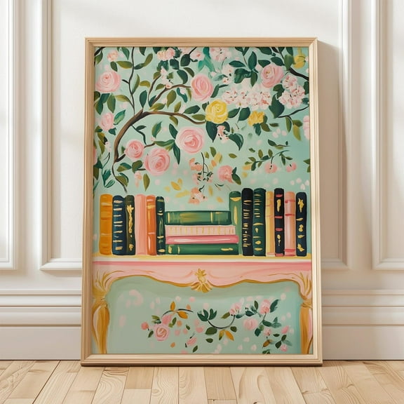 Floral Bookshelf Print, Feminine Book Lover Gift, Aesthetic Literature Artwork, Elegant Pastel Books Decor, Floral Library Print Wall Art, Modern Wall Decor, 8x12 UNFRAMED