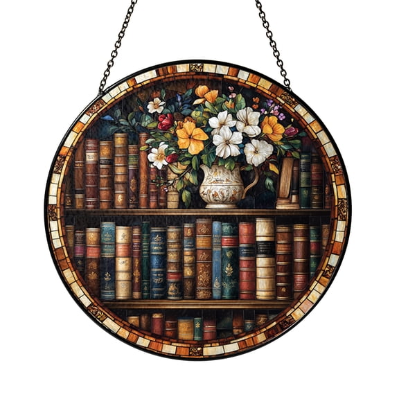 Floral Bookshelf Stained Glass Suncatcher, Window Hanging Book Nook Art, Warm Literary Decor for Reading Spaces