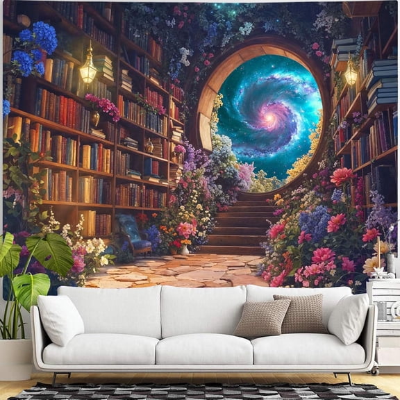 Floral Bookshelf Tapestry Fantasy Library Tapestries Wall Hanging Vintage Plant Flower Book Large Tapestry for Bedroom Living Room Dorm 80 x 60 inch