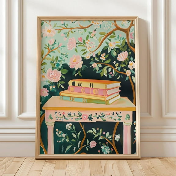 Floral Bookshelf Wall Art, Classic Home Library Print, Cozy Reading Nook Print, Pastel Literary Room Art, Wall Art, Modern Wall Decor, 24x36 UNFRAMED