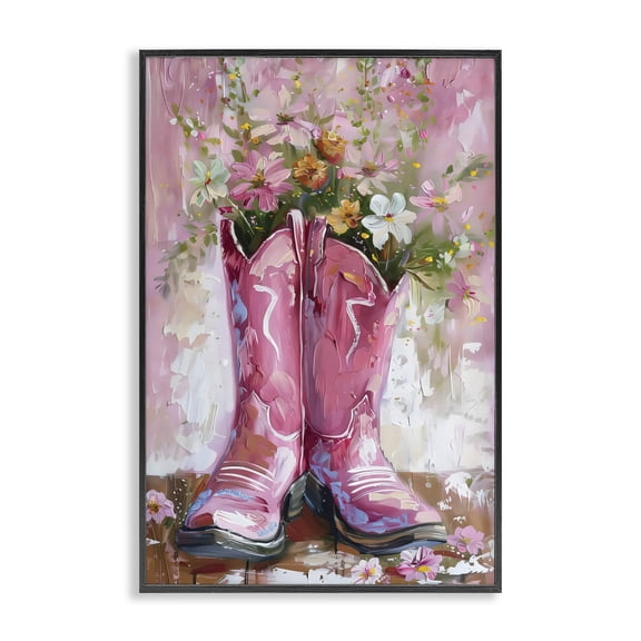Stupell Industries Floral Boots Pink Cowgirl Black Framed Giclee Art, design by LSR Design Studio