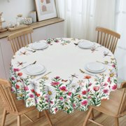 Floral Border With Butterflies Round Tablecloth Polyester Waterproof & Washable 60" Table Cloth Indoor and Outdoor for Kitchen Dining Party Picnic Table Cover