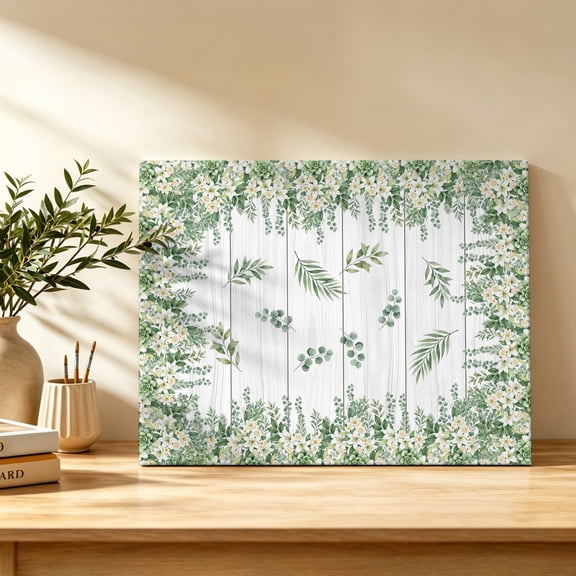 Floral Border Canvas Wall Art, Eucalyptus Leaves Wood Grain Rustic Wall Art Prints Artwork Framed Canvas Ready to Hang Art Pictures for Bathroom Bedroom Entry Desk Corner 10" x 8"