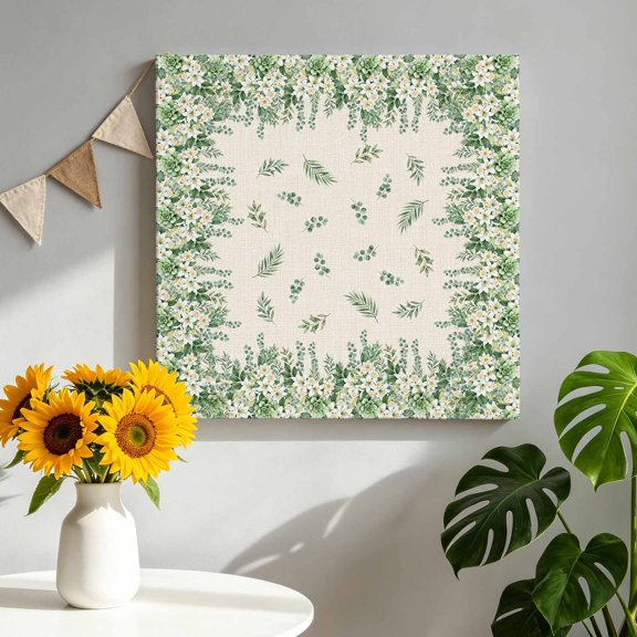 Floral Border Canvas Wall Art for Living Room, Eucalyptus Leaves Linen Texture Rustic Wall Decor Framed Artwork Pictures Ready to Hang for Bedroom Office Home Decor 8x8 Inch