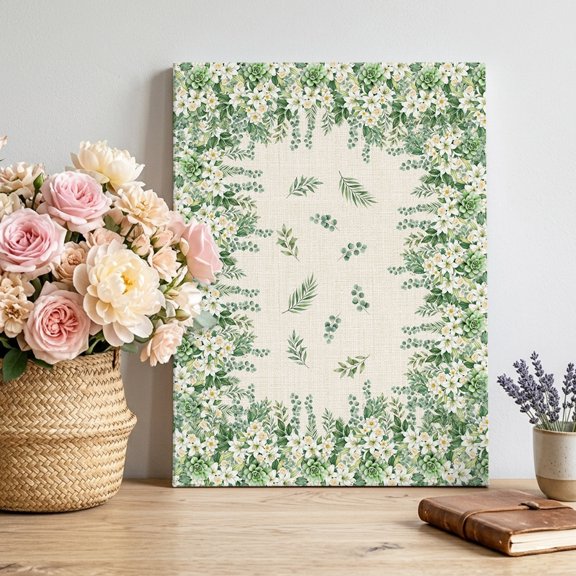 Floral Border Canvas Wall Art for Living Room, Eucalyptus Leaves Linen Texture Rustic Wall Decor Framed Artwork Pictures Ready to Hang for Bedroom Office Home Decor 8x10 Inch