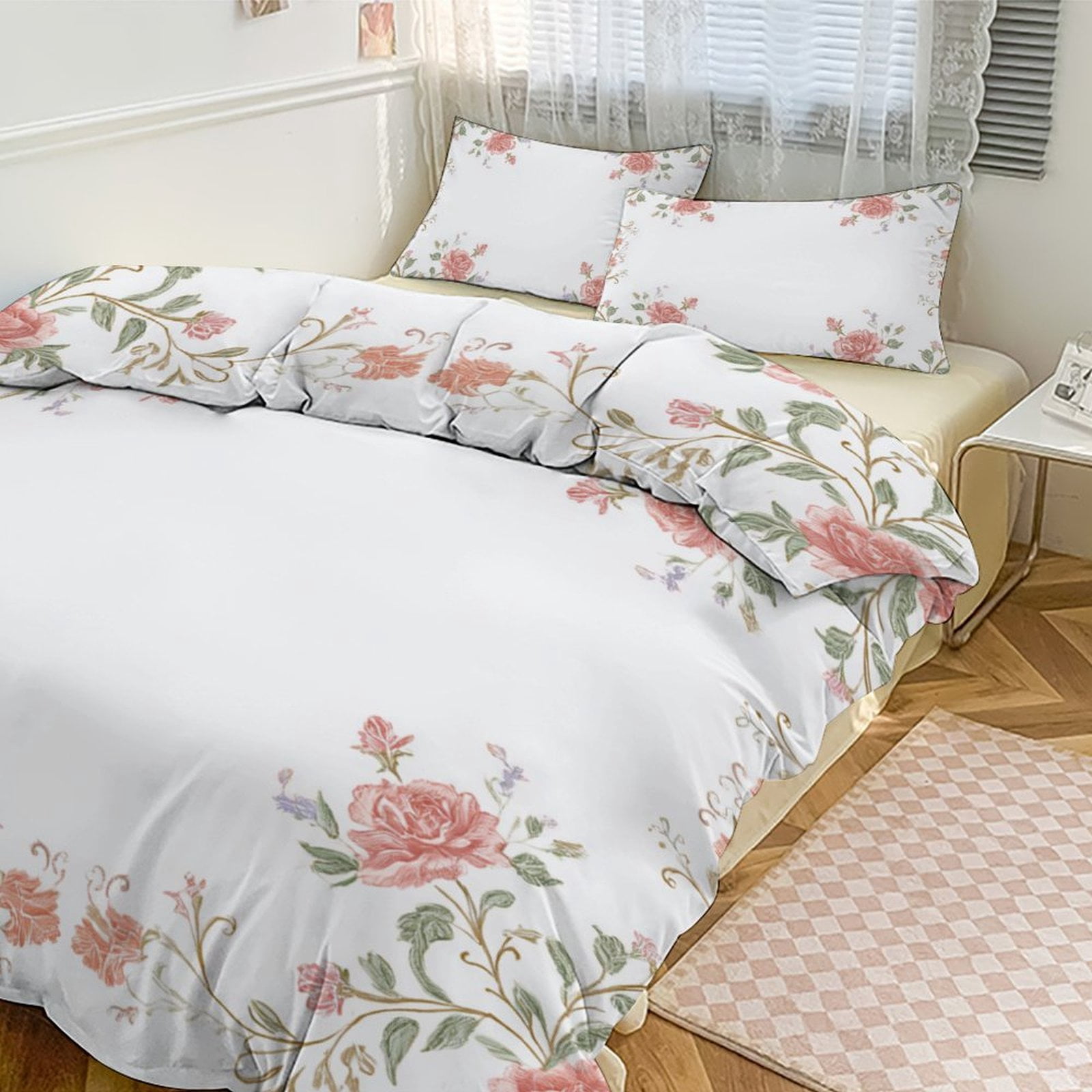 Floral Border Delicate Pink Roses Design Bedding Sets Twin Duvet Cover ...