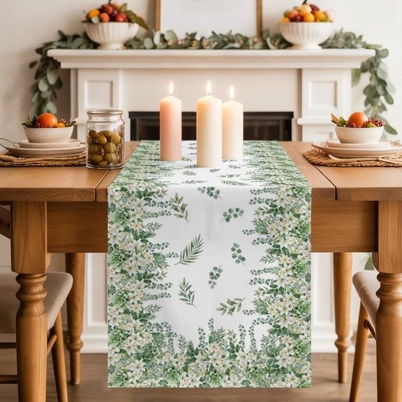 Floral Border Dining Table Runner, Eucalyptus Leaves Farmhouse Rustic Washable Table Runners Kitchen Coffee Table Center Decor for Home Party Holiday Wedding 13 x 90 Inches