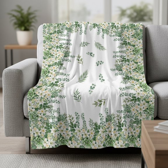Floral Border Fleece Throw Blanket Eucalyptus Leaves Farmhouse Rustic Ultra Soft Fuzzy Cozy Flannel Throw Blanket for Couch Sofa Bed Car Travel, Ideal Gifts 30x40 Inches