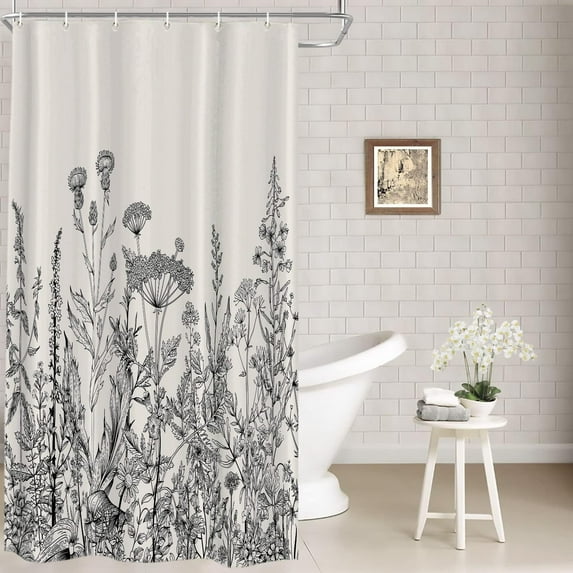 Floral Border Herbs Decor Shower Curtain,Wild Flowers Botanical Engraving Meadow Bathroom Decor Polyester Fiber Plastic Rings Quick-Drying Waterproof for Bathtubs/Bathroom, 72x36 inches