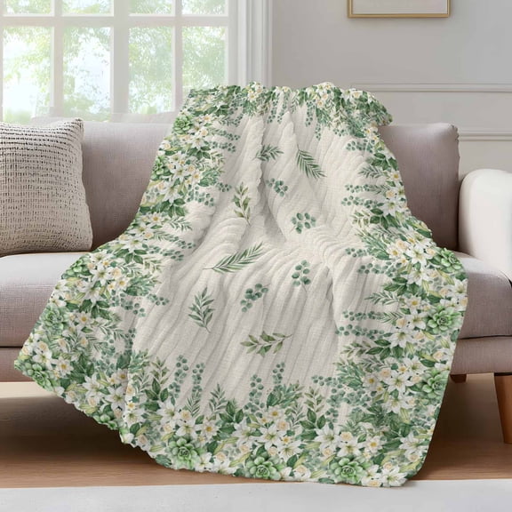 Floral Border Throw Blanket for Couch Eucalyptus Leaves Linen Texture Rustic Soft and Warm Flannel 3D Striped Fluffy Fuzzy Fleece Blanket Lightweight Throw for Bed, Sofa 30 x 40 Inches
