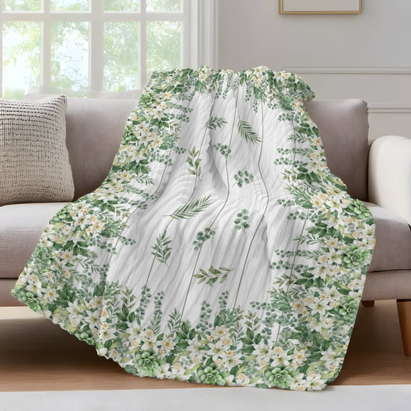 Floral Border Throw Blanket for Couch Eucalyptus Leaves Wood Grain Rustic Soft and Warm Flannel 3D Striped Fluffy Fuzzy Fleece Blanket Lightweight Throw for Bed, Sofa 30 x 40 Inches