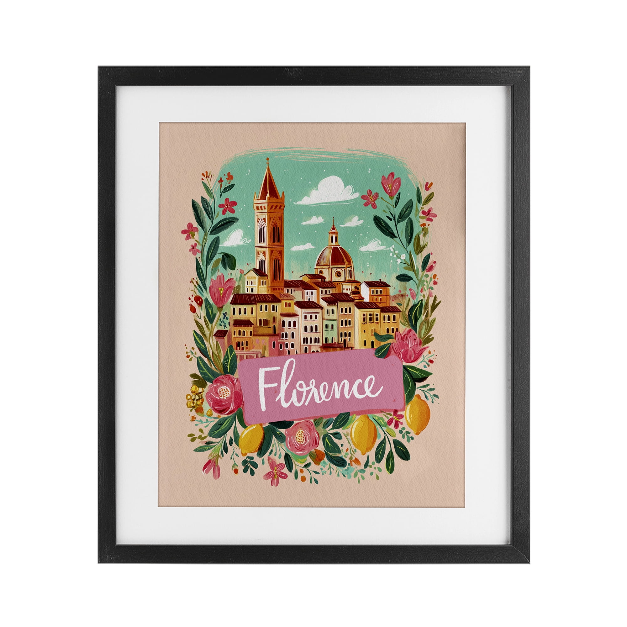 Floral Bordered Florence Black Framed Print Under Glass, design by Yen
