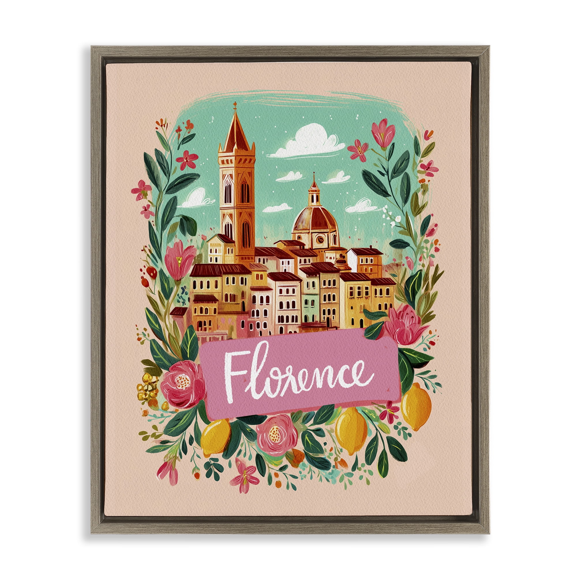 Floral Bordered Florence Brown Framed Floater Canvas Wall Art, design by Yen