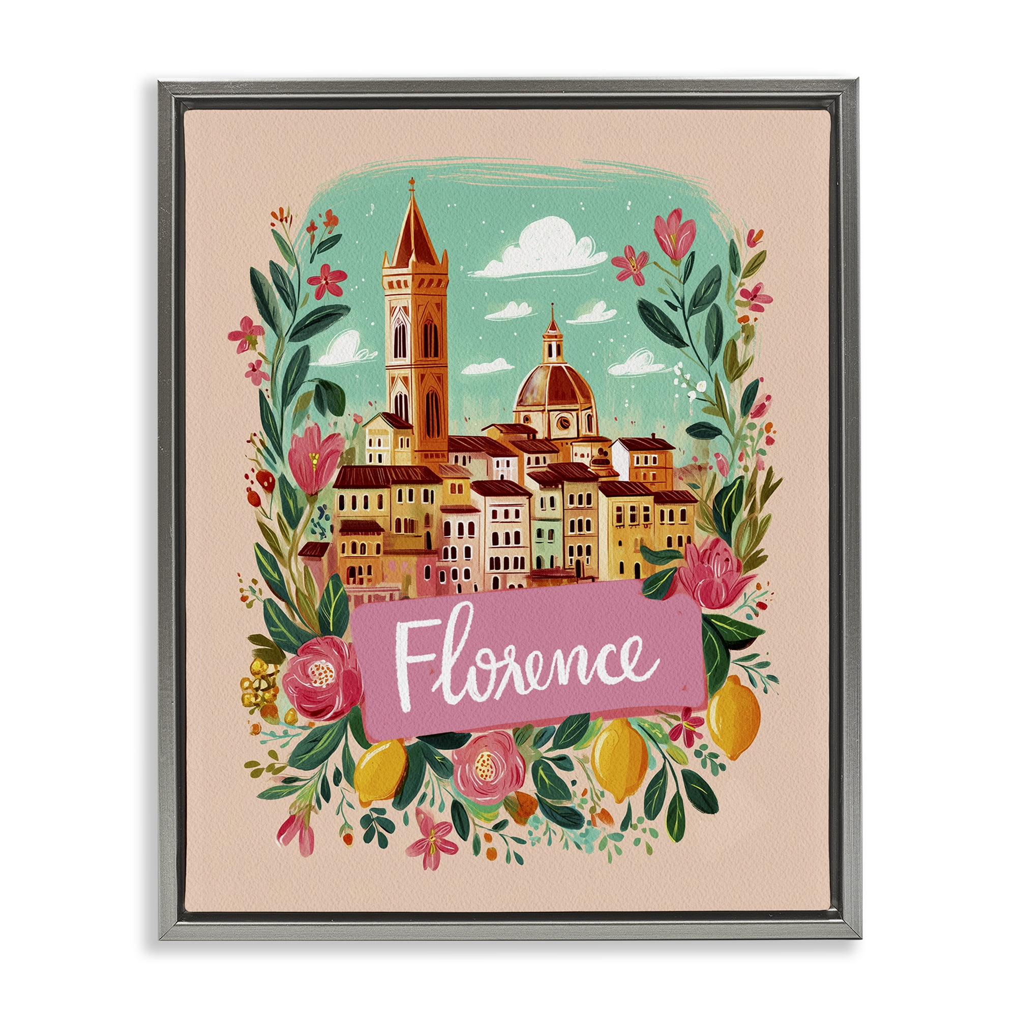 Floral Bordered Florence Gray Framed Floater Canvas Wall Art, design by Yen