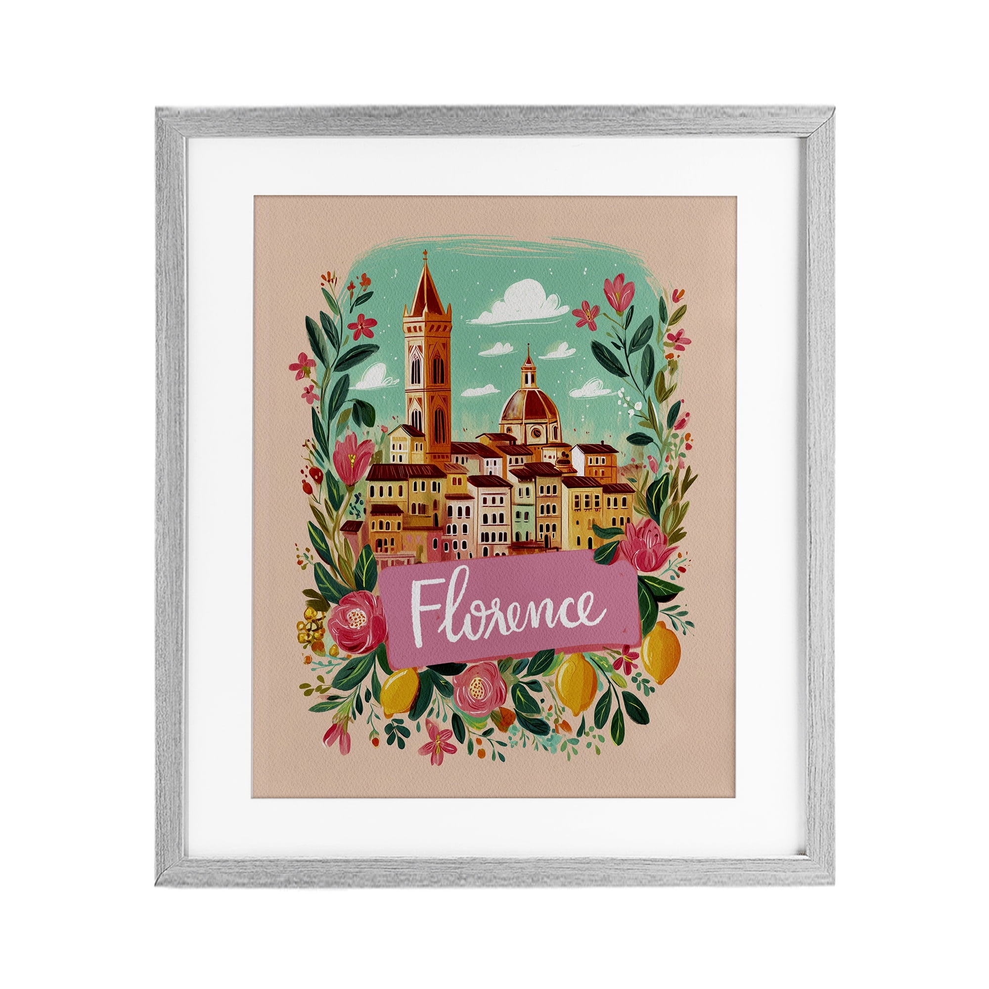 Floral Bordered Florence Gray Framed Print Under Glass, design by Yen