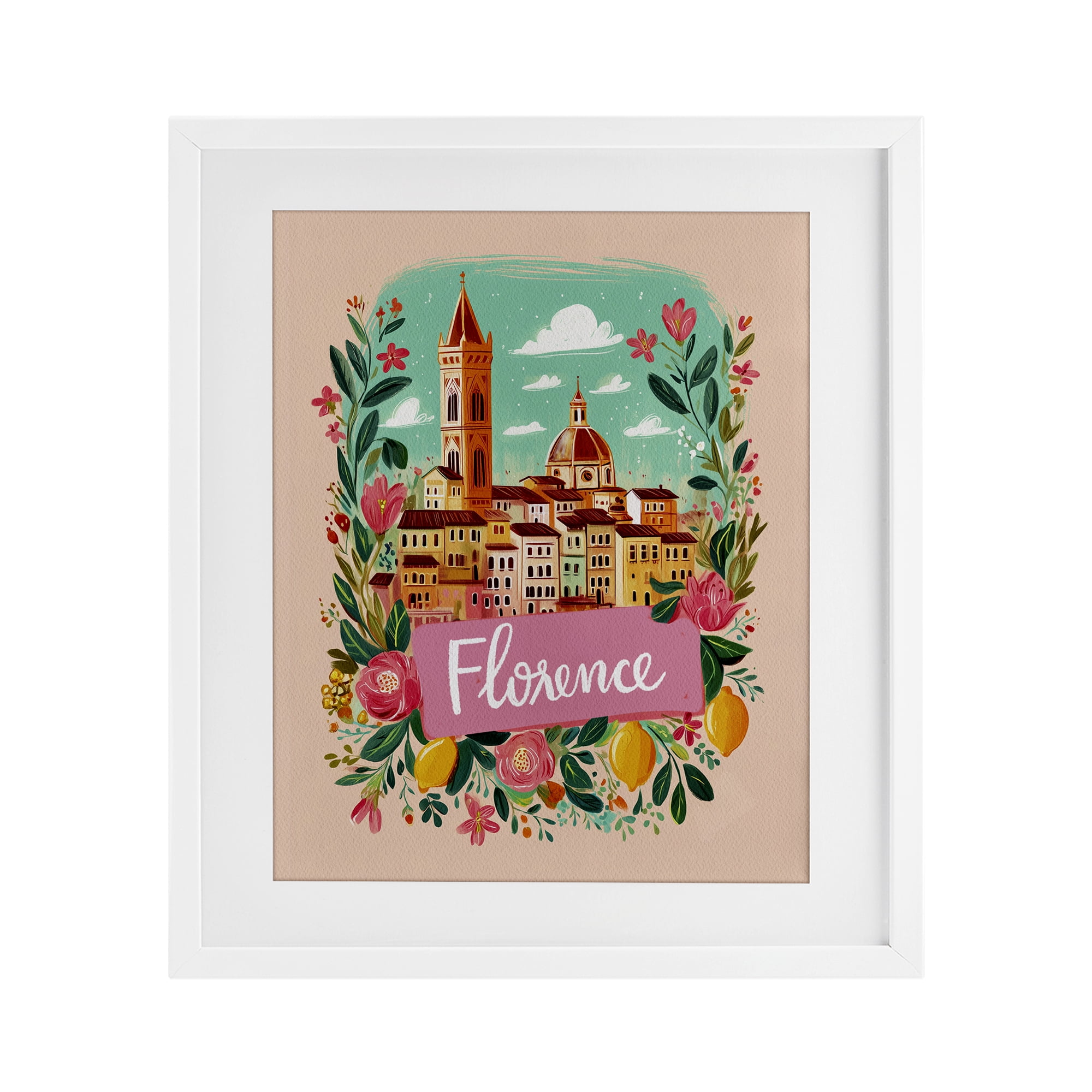 Floral Bordered Florence White Framed Print Under Glass, design by Yen