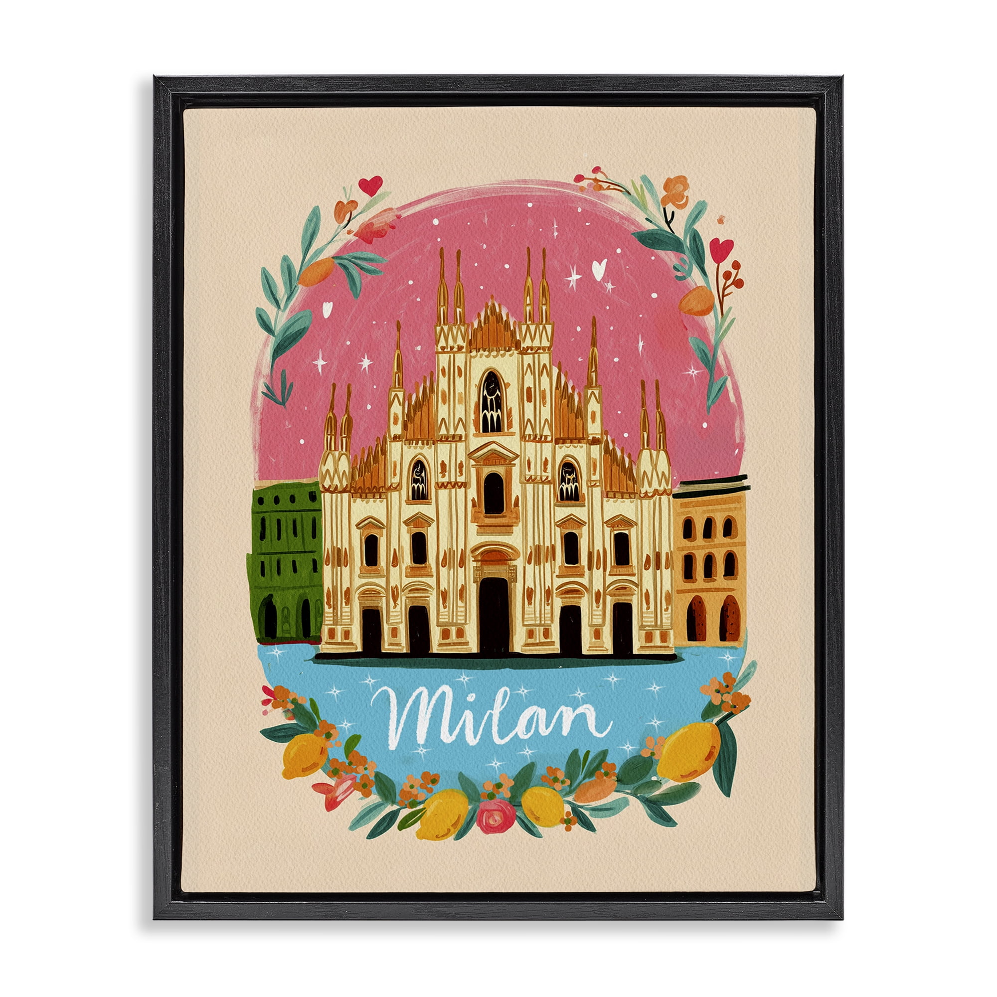 Floral Bordered Milan Black Framed Floater Canvas Wall Art, design by Yen