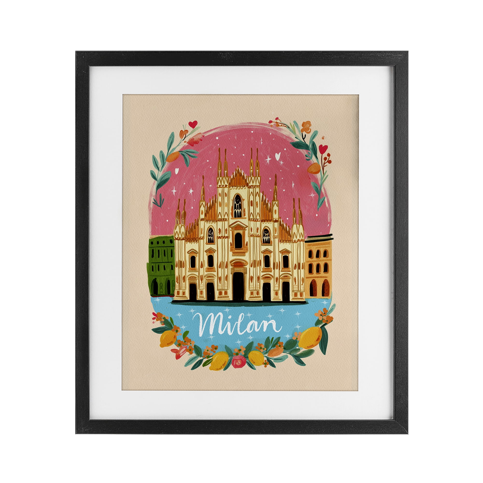 Floral Bordered Milan Black Framed Print Under Glass, design by Yen
