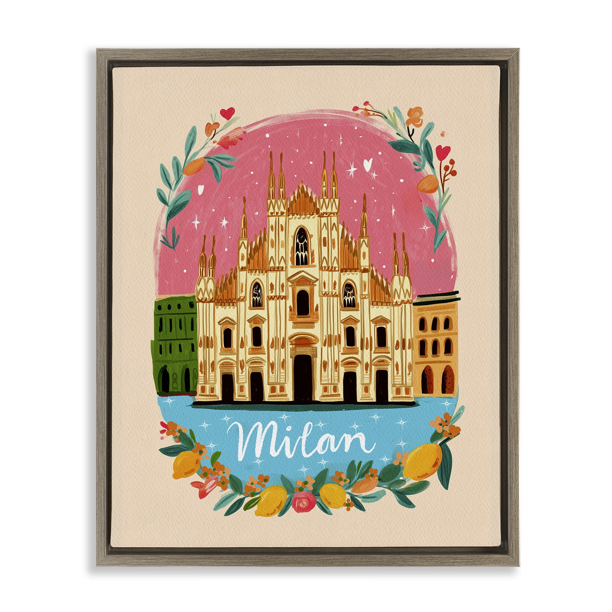 Floral Bordered Milan Brown Framed Floater Canvas Wall Art, design by Yen