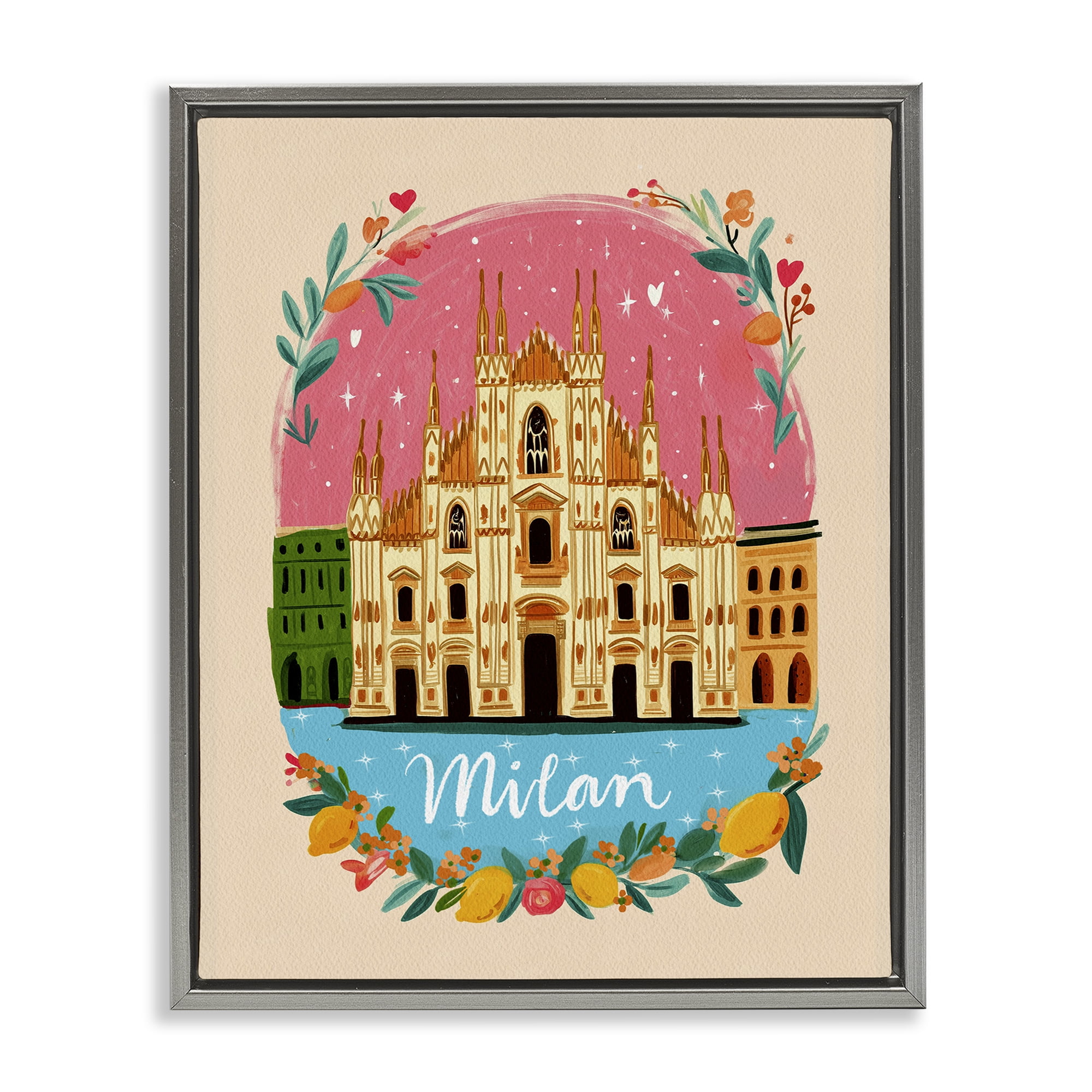 Floral Bordered Milan Gray Framed Floater Canvas Wall Art, design by Yen