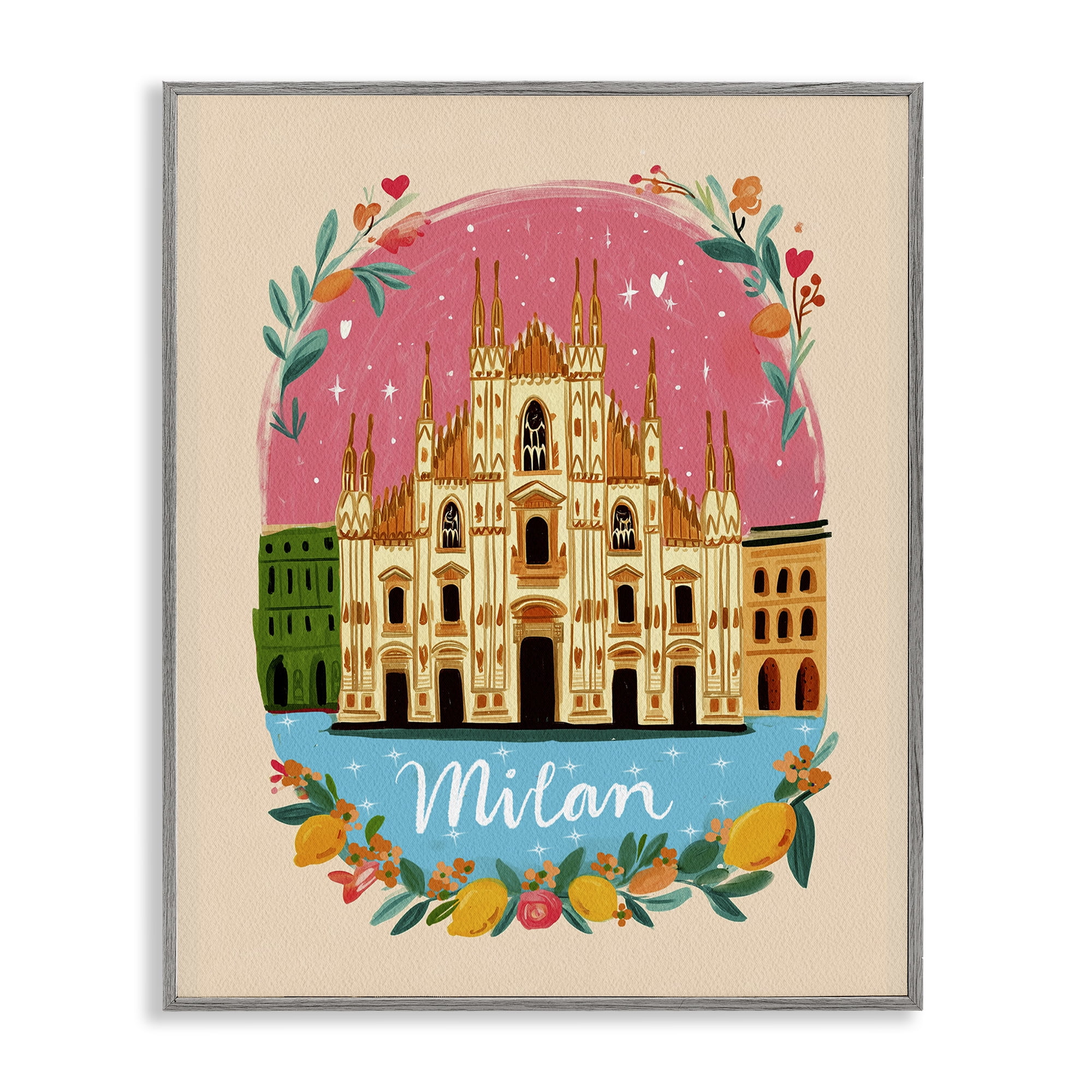 Floral Bordered Milan Gray Framed Giclee Art, design by Yen