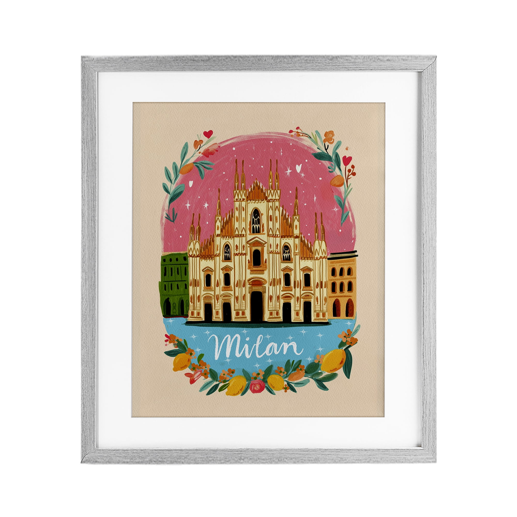 Floral Bordered Milan Gray Framed Print Under Glass, design by Yen