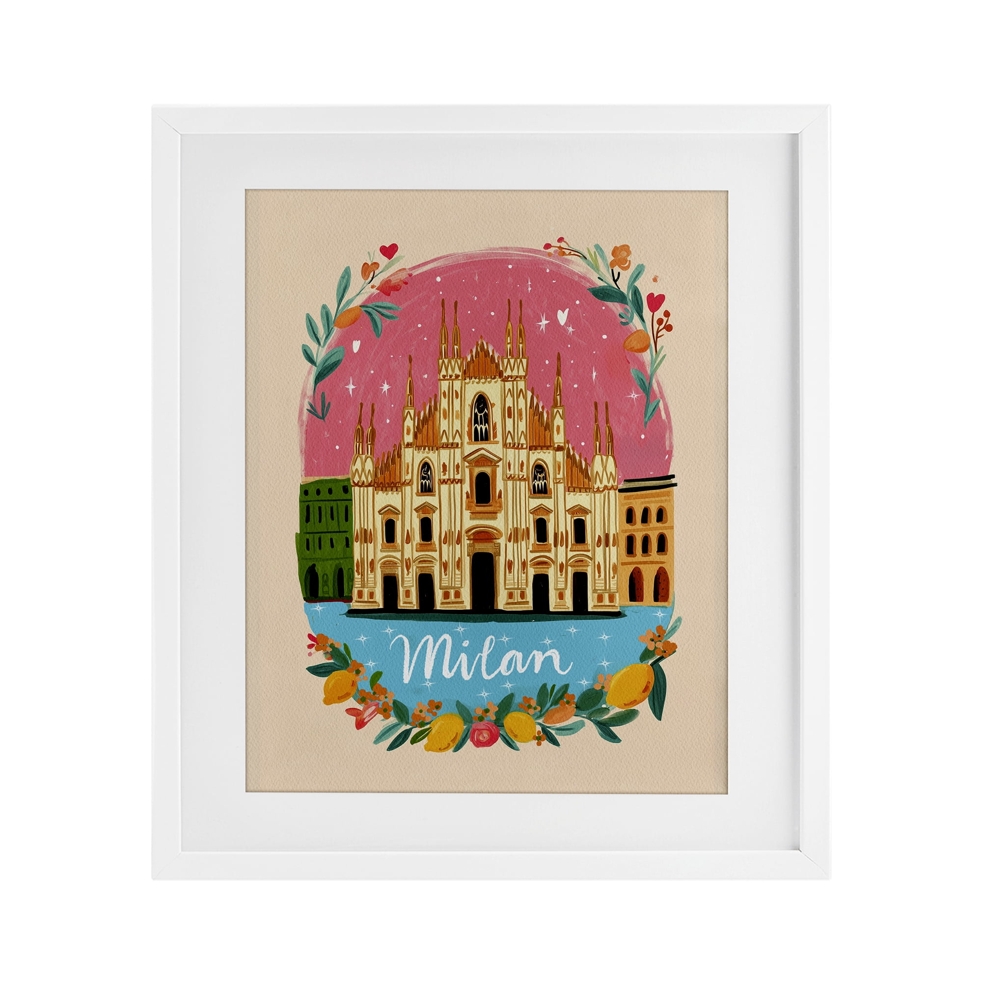 Floral Bordered Milan White Framed Print Under Glass, design by Yen
