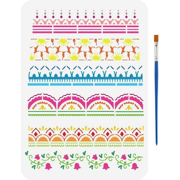 Floral Borders Drawing Stencil with A Paint Brush 11.7x8.3 inch 6 Styles Border Painting Template Vine Border Vintage Lace Border Stencil