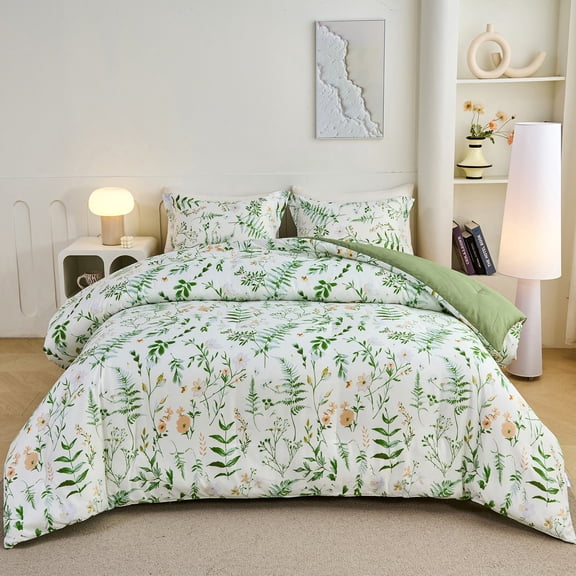 3-Piece Floral Comforter Set Queen Size, Green White and Sage Botanical, Soft Microfiber All-Season Bedding for Adults & Teens