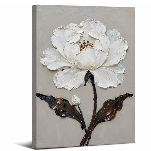 Floral Botanical Canvas Wall Art Framed,Dark Leaves and Bud on Neutral Background canvas print for bathroom bedroom or living room decor,24x36in