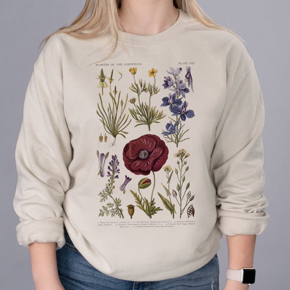 Floral Botanical Chart Crewneck T-Shirt, Cute Nature Outdoorsy Pullover T-Shirt Jumper, Fe