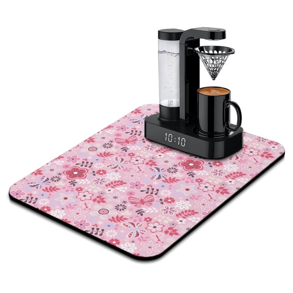 Floral Botanical Dish Drying Mat, Butterfly Wildflower Bloom Pattern, Aesthetic Kitchen Coffee Bar Mat, 18x24in