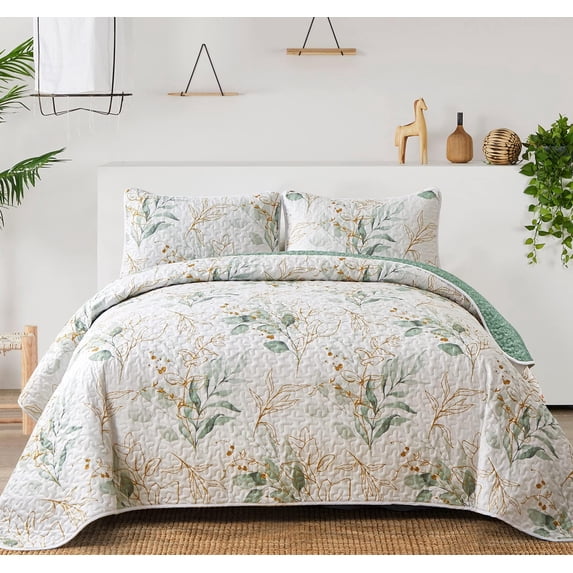 Floral Botanical Full Size Green Quilt Set 3 Pieces Reversible Soft All-season Bedding (90"x78")