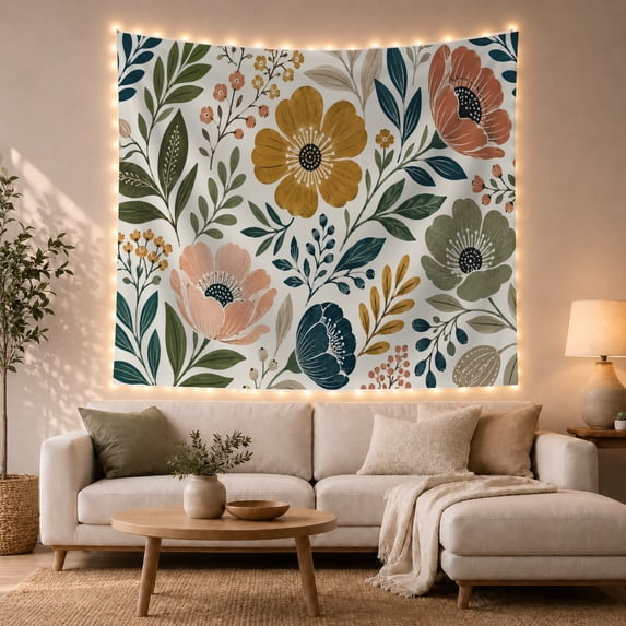 Floral Botanical Illustration Against White Background, Whimsical Boho for Nature Lovers, Modern Wall Art Decor, Housewarming Gift, Tapestry Wall Hanging for Living Room and Bedroom
