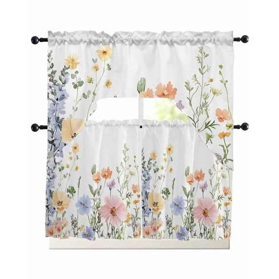 Floral Botanical Kitchen Curtains Sets 36 Inch Length with Valance, Spring Flowers Farmhouse Swag Valances and Tiers Curtain Set Drapes Swag Curtains for Living Room, Bathroom, Bedroom, Cafe