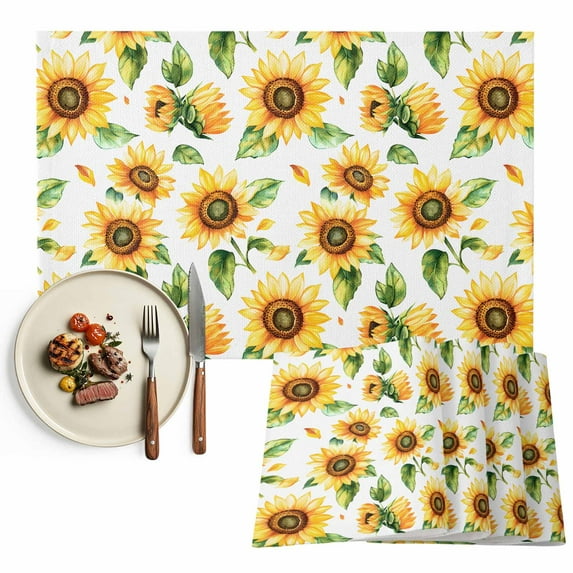 Floral Botanical Print Placemats Set of 8, Watercolor Sunflower Pattern Table Mats Washable Heat-Resistant Non-Slip Place Mats for Kitchen Dinner Table Indoor Outdoor Decor,13x19 Inch
