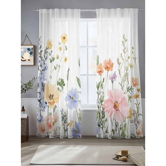 Floral Botanical Sheer Curtains for Living Room Bedroom Spring Flowers Farmhouse Sheer Curtains 96 Inch Long 2 Panels Set Light Filtering Curtain Window Treatments Drapes for Dining Room