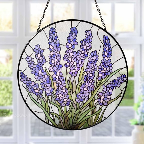 Floral Botanical Stained Glass, Window Panel, Lavender Accent, Nature Inspired Art, Gift for Garden Lovers, Home Decoration