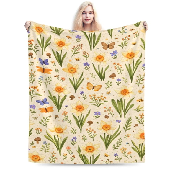 Floral Botanical Throw Blanket, Spring Wildflower Illustration Pattern, Soft Lightweight Blanket for Couch Sofa Bed Home Decor 50x40