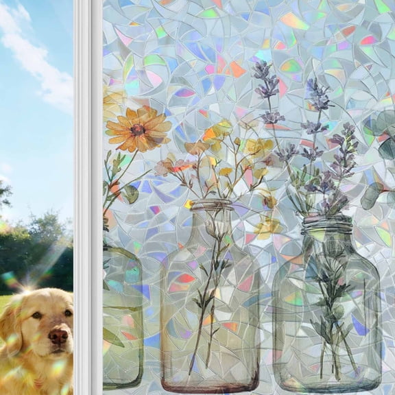 Floral Bottle Rainbow Window Privacy Film, Daisy Eucalyptus Leaf Rustic Botanical Stained Glass Window Film, Sun Blocking Glass Clings Static Cling Non Adhesive Door Stickers 17.7 x 39.3 Inches