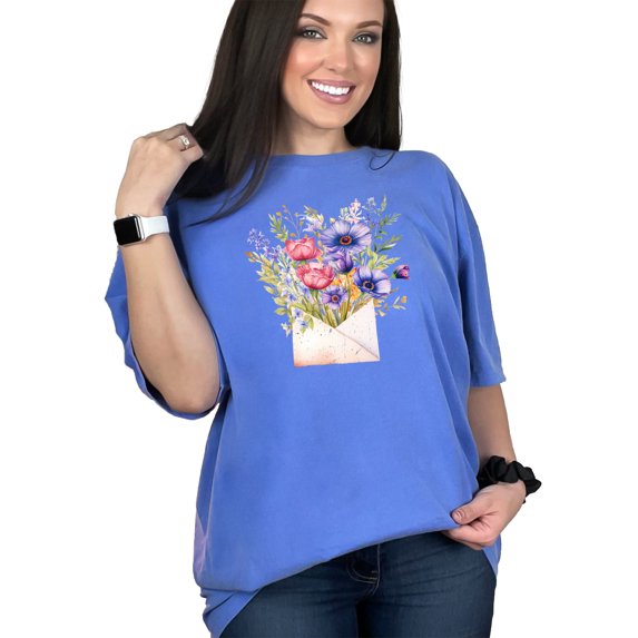 Floral Bouquet Envelope Art T-Shirt, Vintage Flower Illustration Tee, Spring Flowers in Envelope Graphic, Unique Gift for Her, Flo Blue Comfort Colors T-Shirt, Small