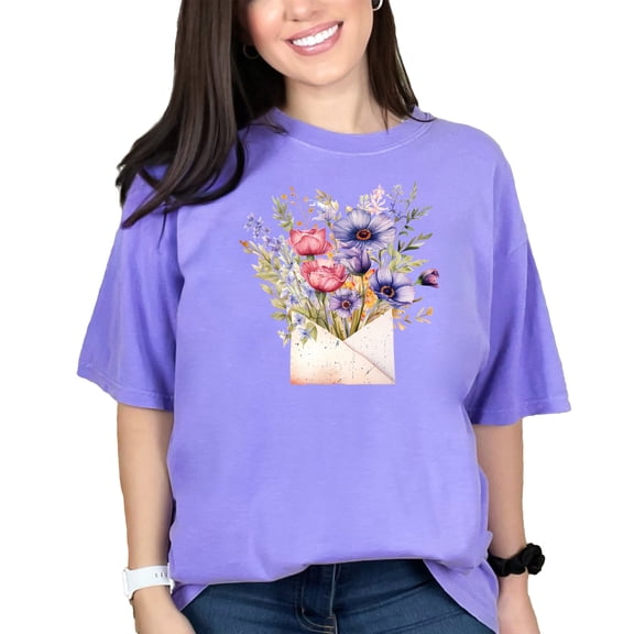 Floral Bouquet Envelope Art T-Shirt, Vintage Flower Illustration Tee, Spring Flowers in Envelope Graphic, Unique Gift for Her, Violet Comfort Colors T-Shirt, XL