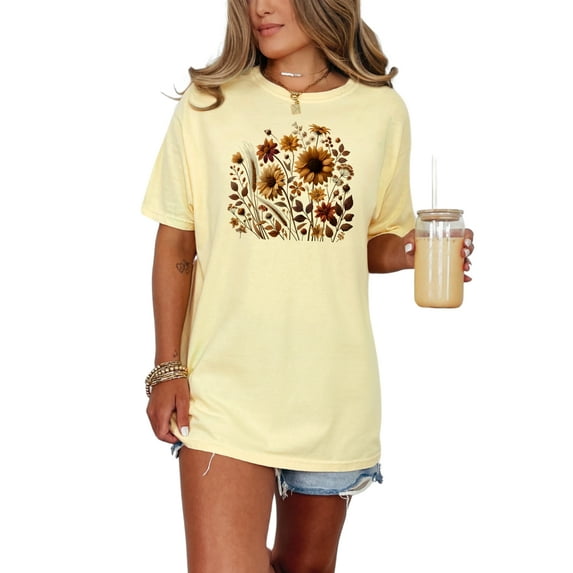 Floral Bouquet Graphic Tee, Autumn Flower T-Shirt, Fall Season Casual Wear, Sunflower Print Top, Nature Inspired Clothing, Butter Comfort Colors T-Shirt, Medium