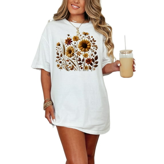Floral Bouquet Graphic Tee, Autumn Flower T-Shirt, Fall Season Casual Wear, Sunflower Print Top, Nature Inspired Clothing, White Comfort Colors T-Shirt, Small