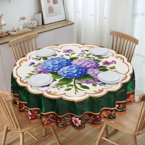 Floral Bouquet Green Border Round Tablecloth Waterproof Oil Proof Spill Proof Table Cloth 70" for Camping, Dining, Indoor and Outdoor Table Cover