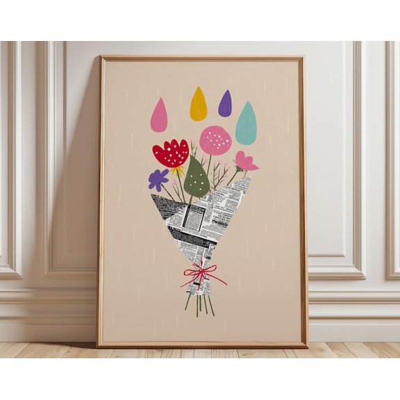 Floral Bouquet Newspaper Collage Wall Art Print, Unframed Paper Poster 8x10in